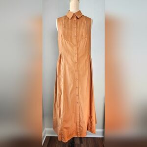NWT Camel Cotton Poplin Midi Shirtdress Pintuck Button Front Pockets Small